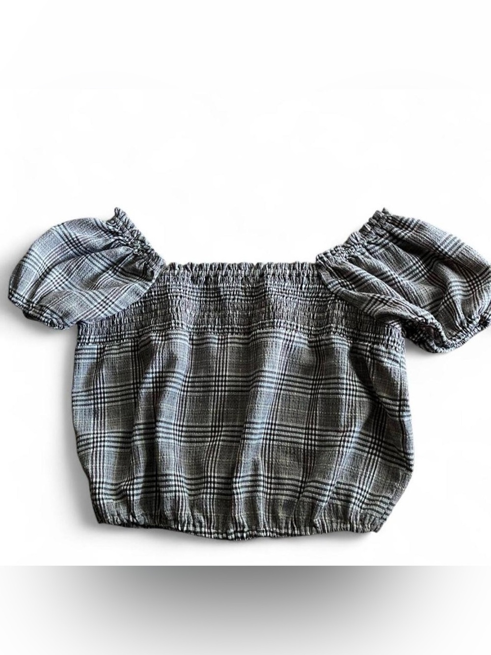 Aeropostale Plaid Smocked Puff Sleeve Crop Top, Small